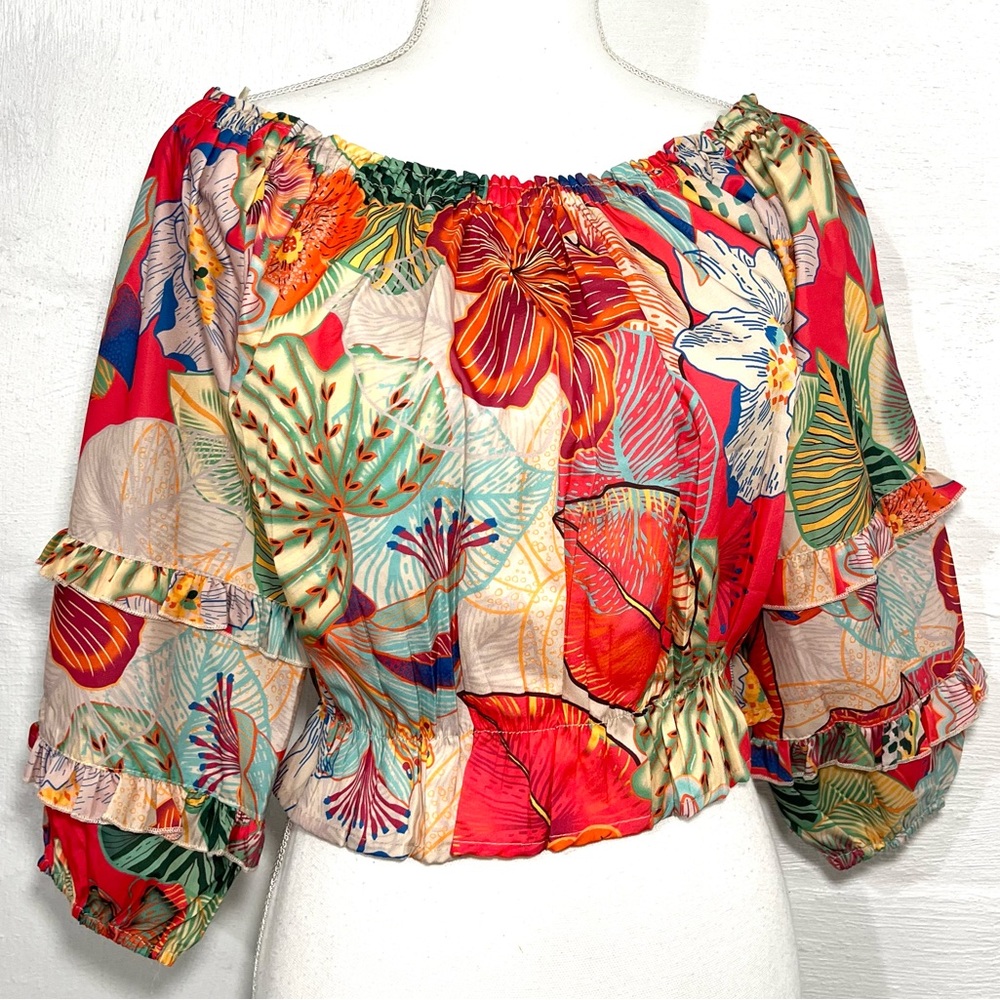 RACHEL ZOE TROPICAL OFF THE SHOULDER CROP TOP